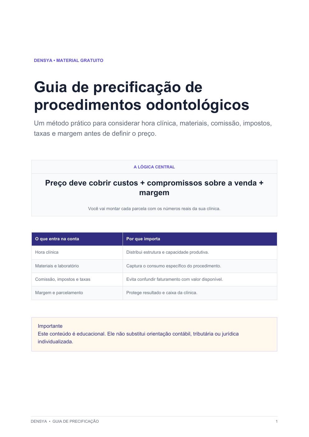 Capa real do guia de precificação de procedimentos odontológicos da Densya
