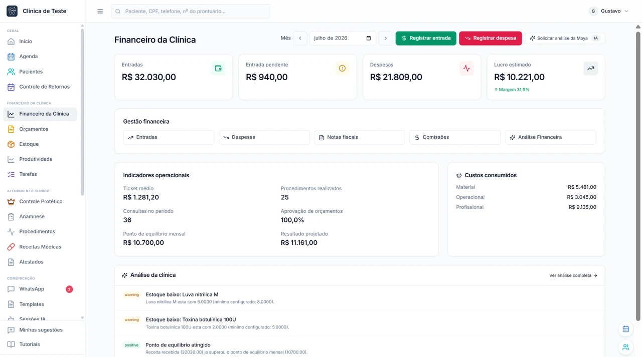 Financeiro com entradas, despesas e resultado do mês.
